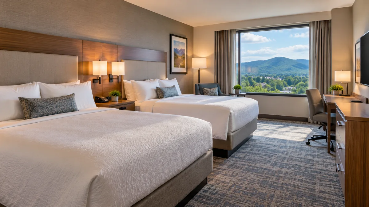 Illustrative guest room image for context only; not a photograph of Comfort Suites Salem–Roanoke I-81.